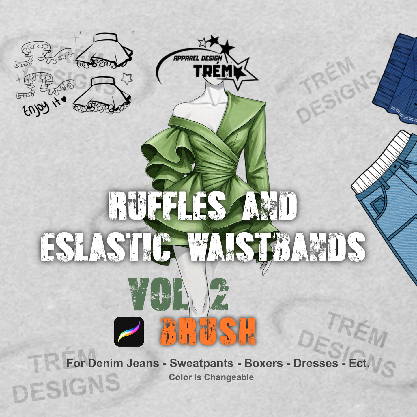 Ruffle & Elastic Waistband Brush Kit (Vol. 1 & 2) – 2-Pack for Realistic Fashion Mockups